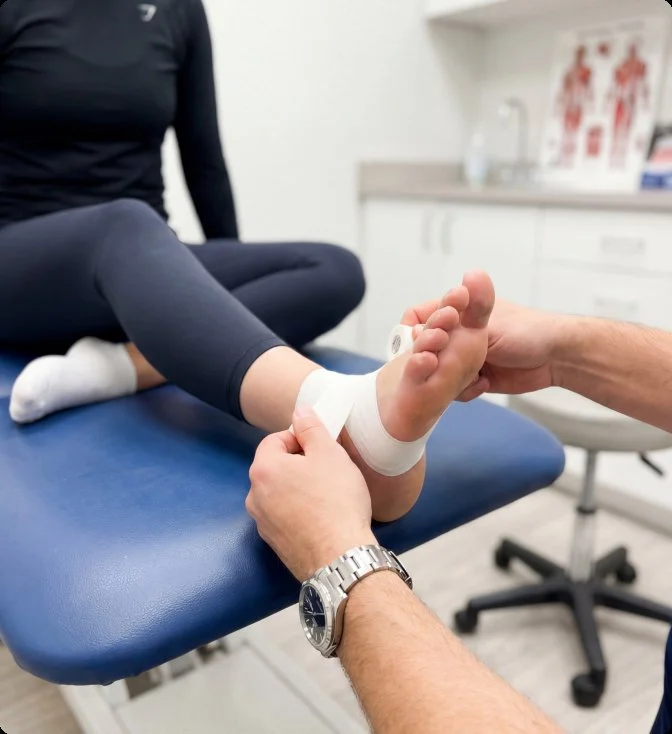 Podiatrist taping a patient’s foot at Achilles Foot Clinic
